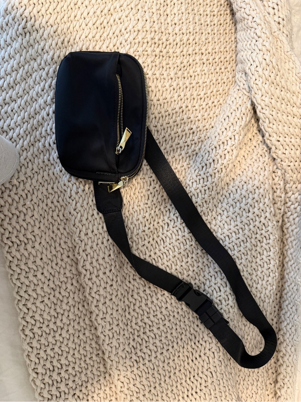 Minimalist Black Crossbody Belt Bag with Gold Hardware